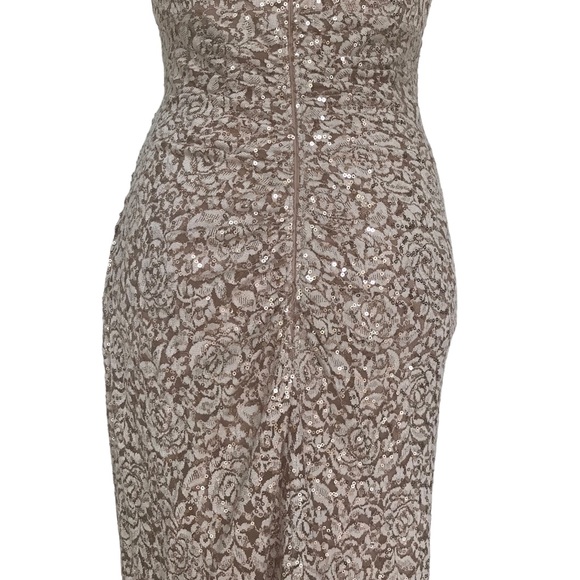 XSCAPE size 4 tan midi dress with gold sparkles and built in bra - Picture 5 of 14